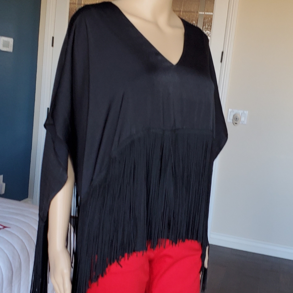 BCBG MAXAZRIA Black Fringe Top/Poncho SZ Xsm NWT - Picture 7 of 14
